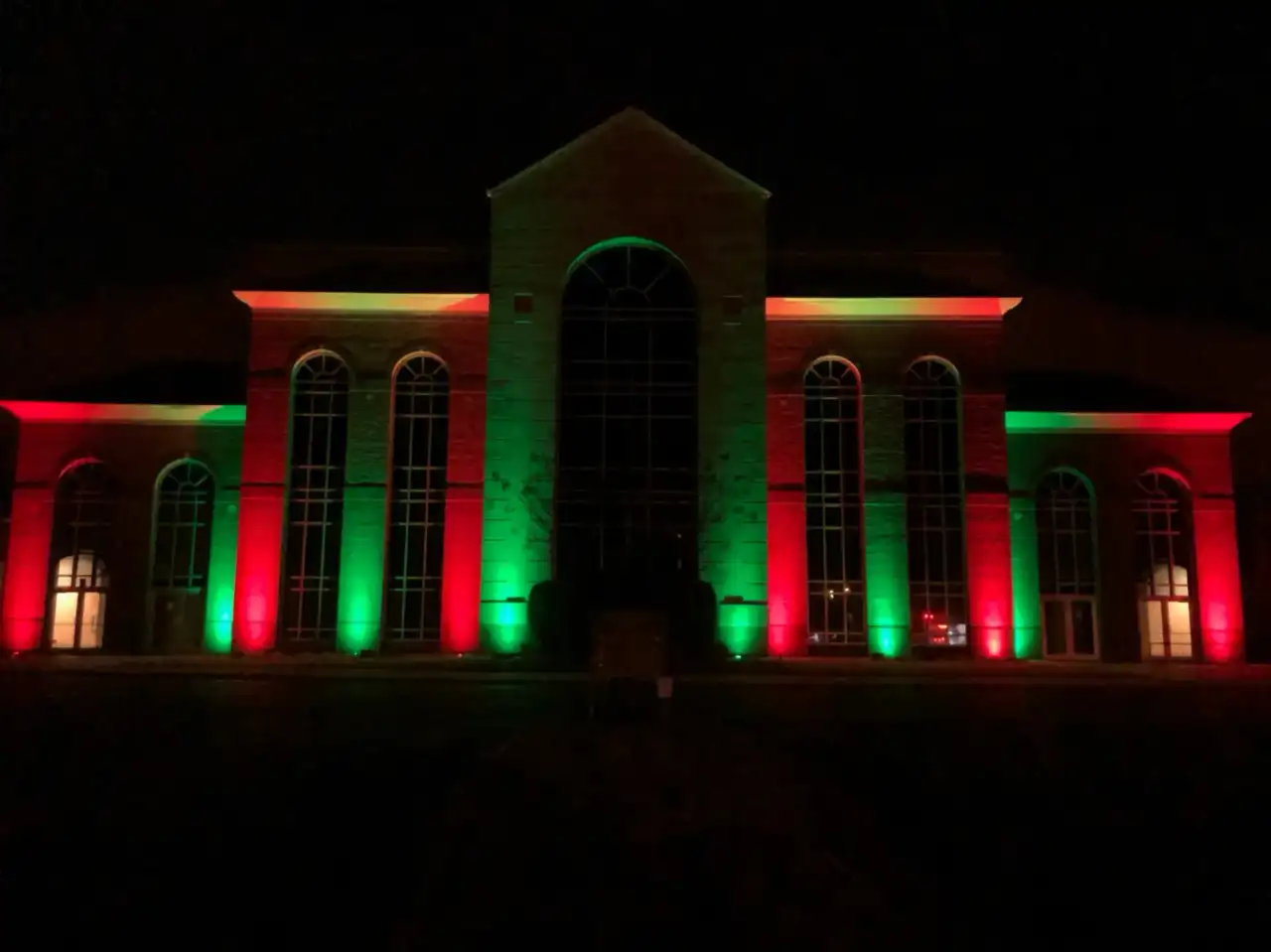 RGB color-changing holiday lighting installed by Roper
