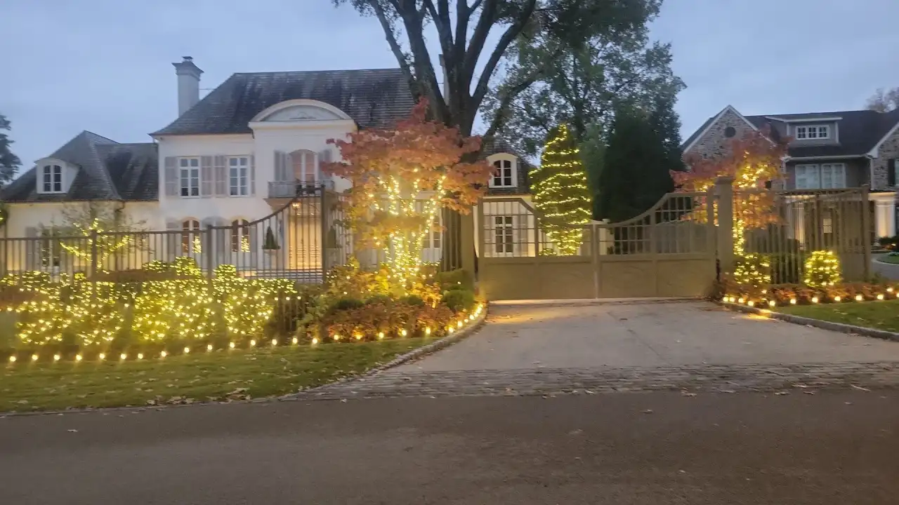 Estate hedges, fence line and trees wrapped in warm white lights at dusk